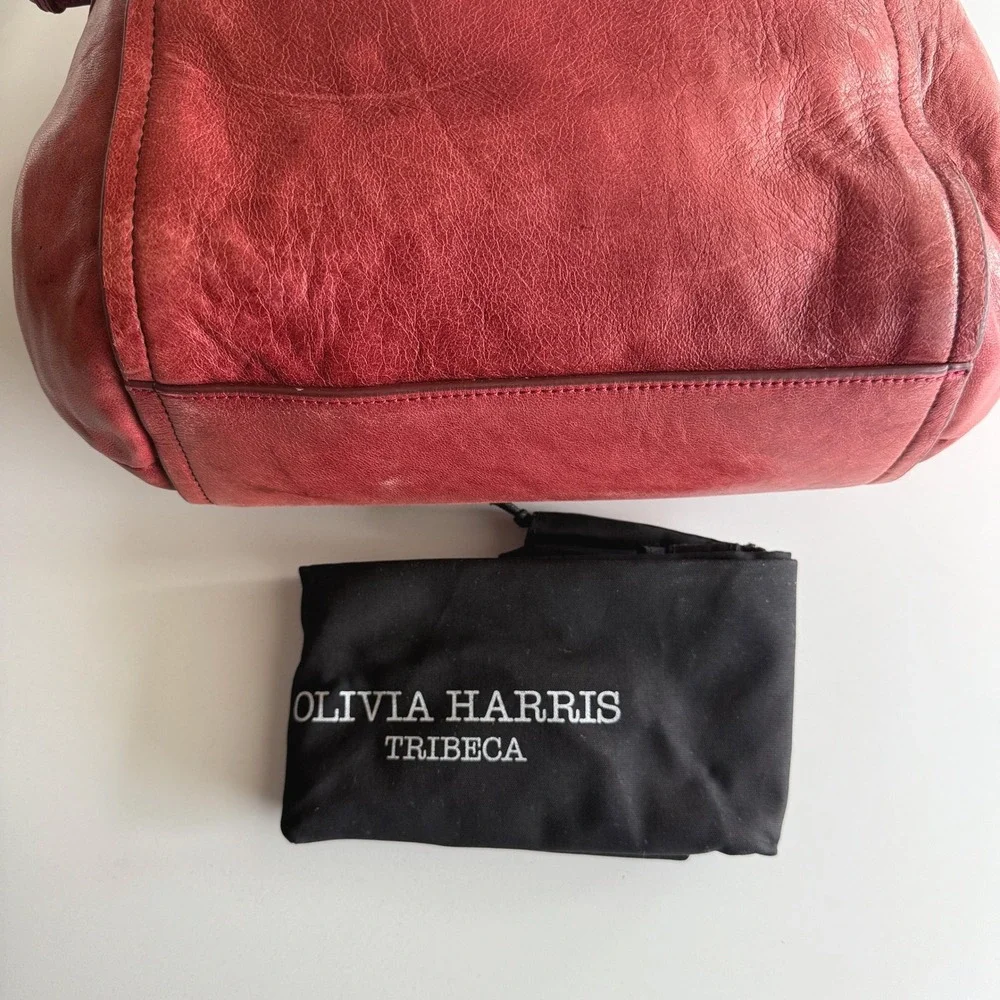 Olivia Harris Double Top Satchel Distressed Red Leather Shoulder Bag Purse - Picture 12 of 14
